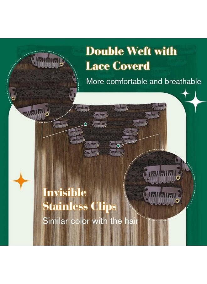 Easyouth - Clip In Hair Extensions Human Hair Clip In Extensions Chestnut Brown To Blonde Highlights 6/60/6 Real Hair Clip In Extensions 7Pcs Double Weft Clip In Human Hair Extensions 12 Inch 70Gram - Image 1
