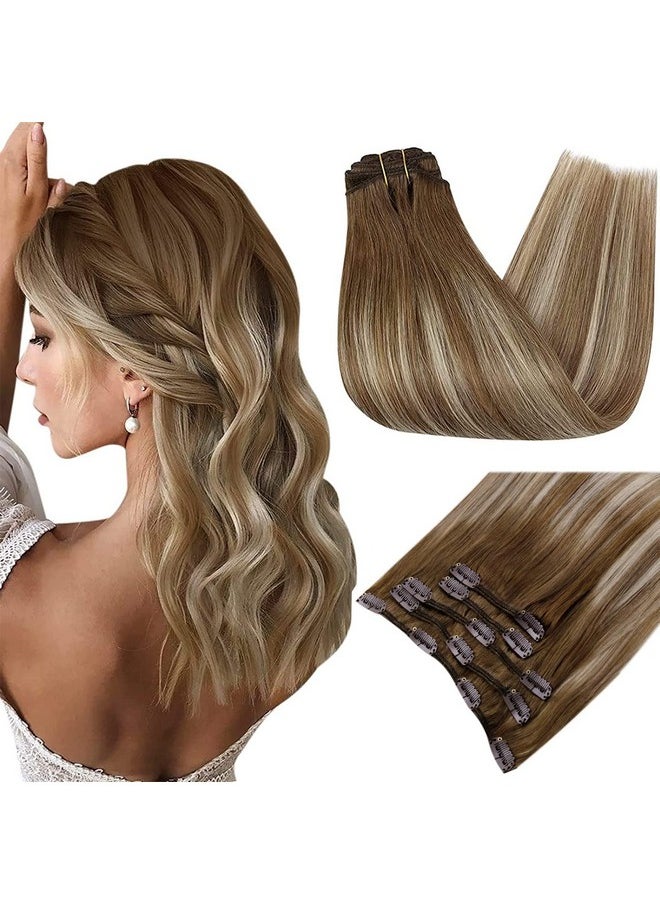 Easyouth - Clip In Hair Extensions Human Hair Clip In Extensions Chestnut Brown To Blonde Highlights 6/60/6 Real Hair Clip In Extensions 7Pcs Double Weft Clip In Human Hair Extensions 12 Inch 70Gram - Image 1