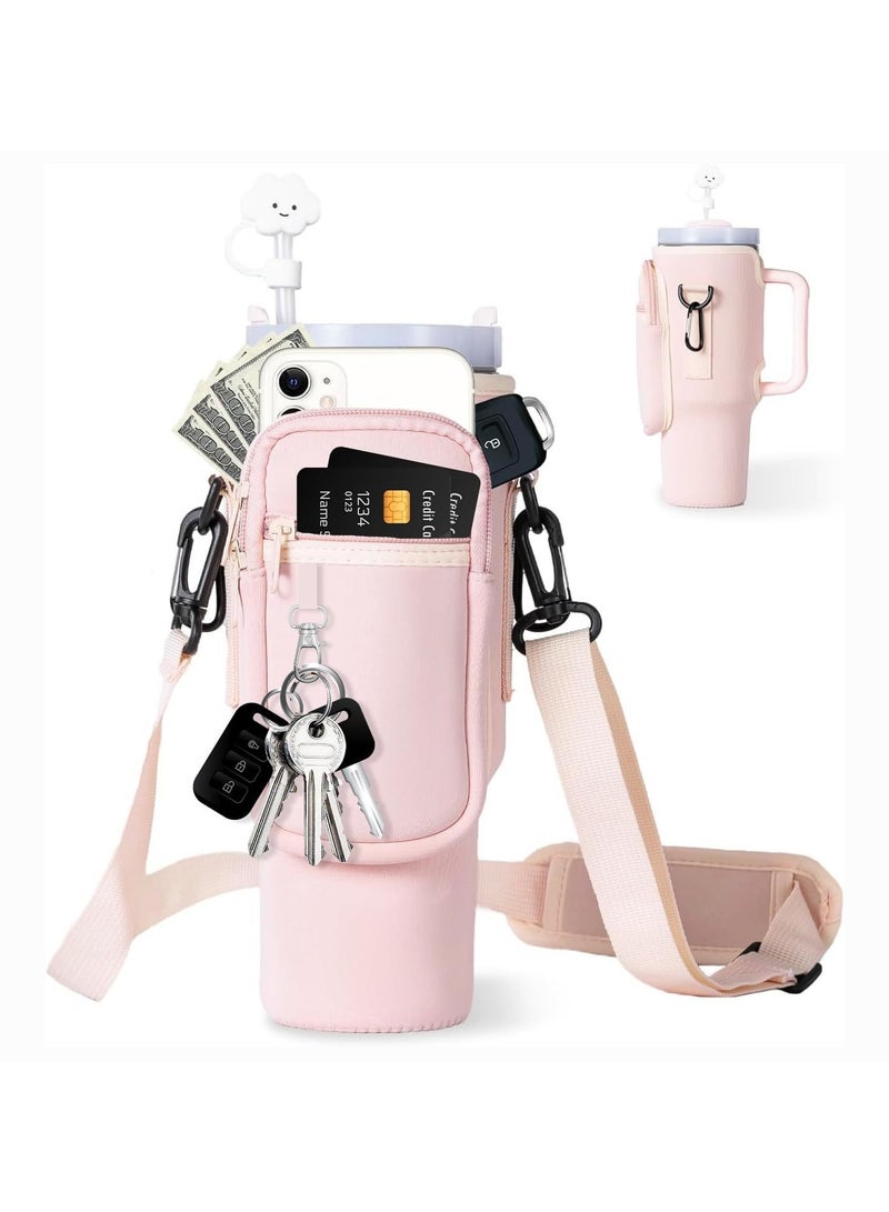 Water Bottle Carrier Bag with Phone Pocket For Stanley 40oz Tumbler,Water Bottle Holder with Pouch and Adjustable Strap 