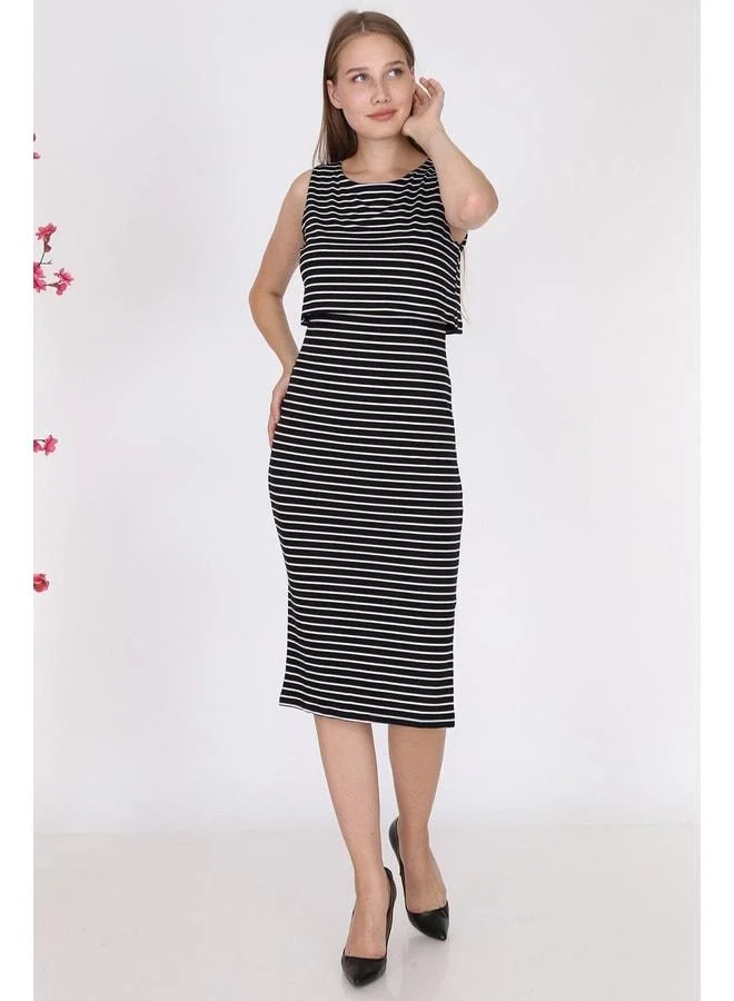 LuvmaBelly 5550 - Black Striped Sleeveless Slit Nursing Dress.
