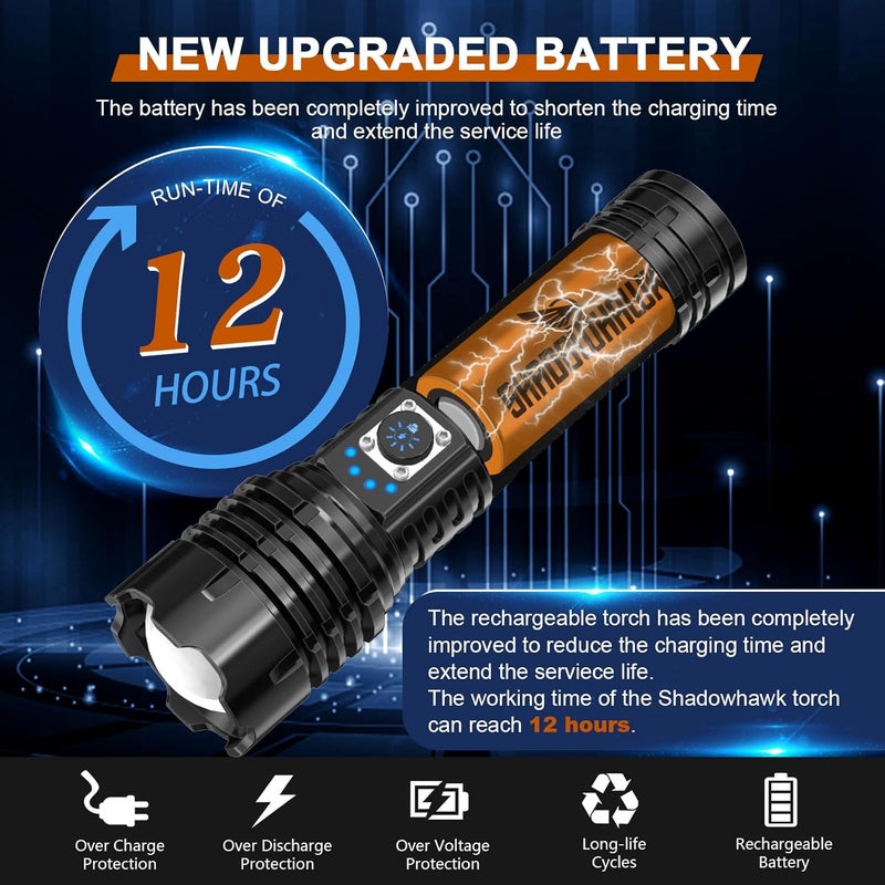 Shadowhawk Torch Lights Rechargeable Torchlight Led Torch 10000 Lumens XHM772 Flash Light with COB Keychain Light Bright Waterproof Charging Torch Light High Power Flashlight for Trekking Emergency - Image 5