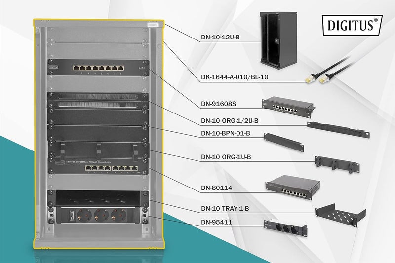 DIGITUS 10-Inch Set - Network Cabinet 12U Black - Shelf - Power Strip - 8-Port Patch Panel - 8-Port Gigabit Switch - Image 2