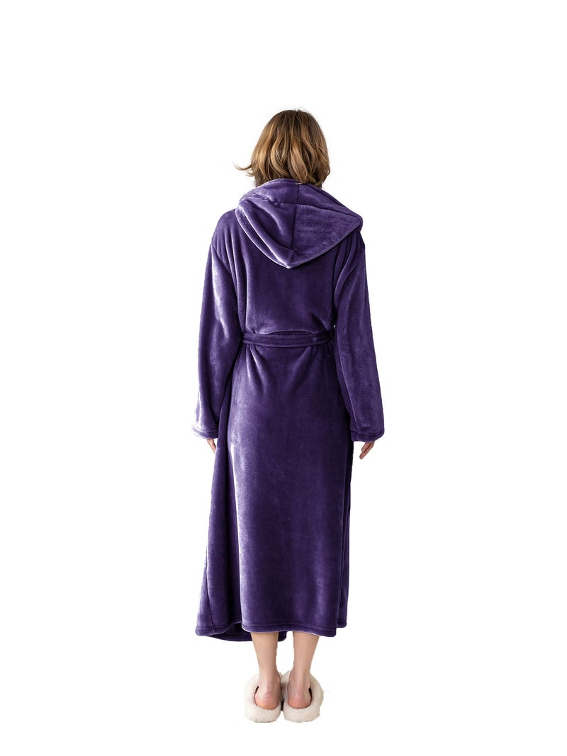 KORBLISS Robes for Women - Hooded Plush Fleece Bathrobe with Sash & Pockets, Full-Length Lightweight Spa Robe, Warm Silky Soft, Purple, XL - Image 3