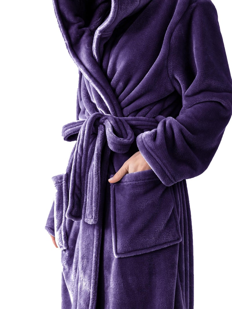 KORBLISS Robes for Women - Hooded Plush Fleece Bathrobe with Sash & Pockets, Full-Length Lightweight Spa Robe, Warm Silky Soft, Purple, XL - Image 4