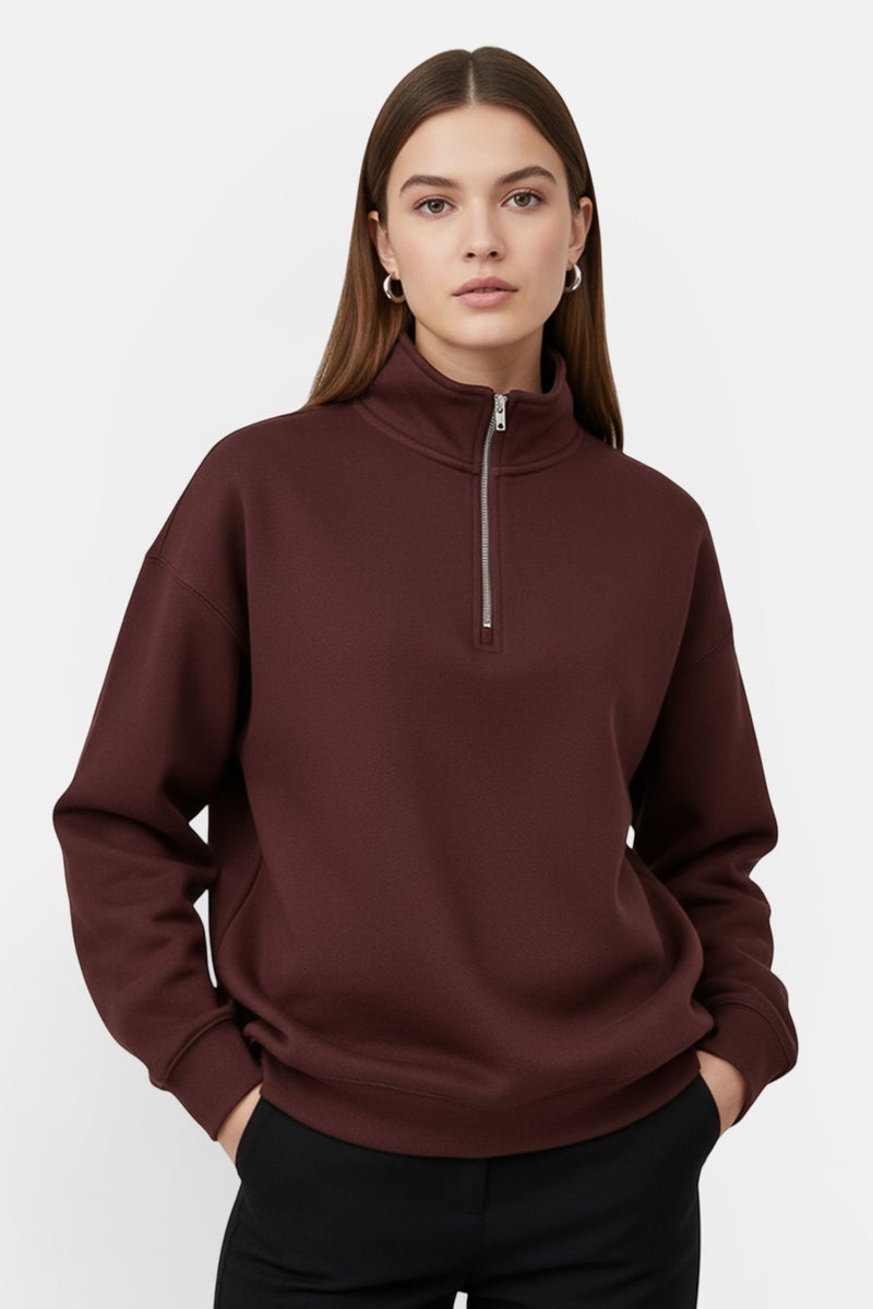 NIA Women Mock Neck Long Sleeve Half Zip Sweatshirt, Dark Brown - Image 1