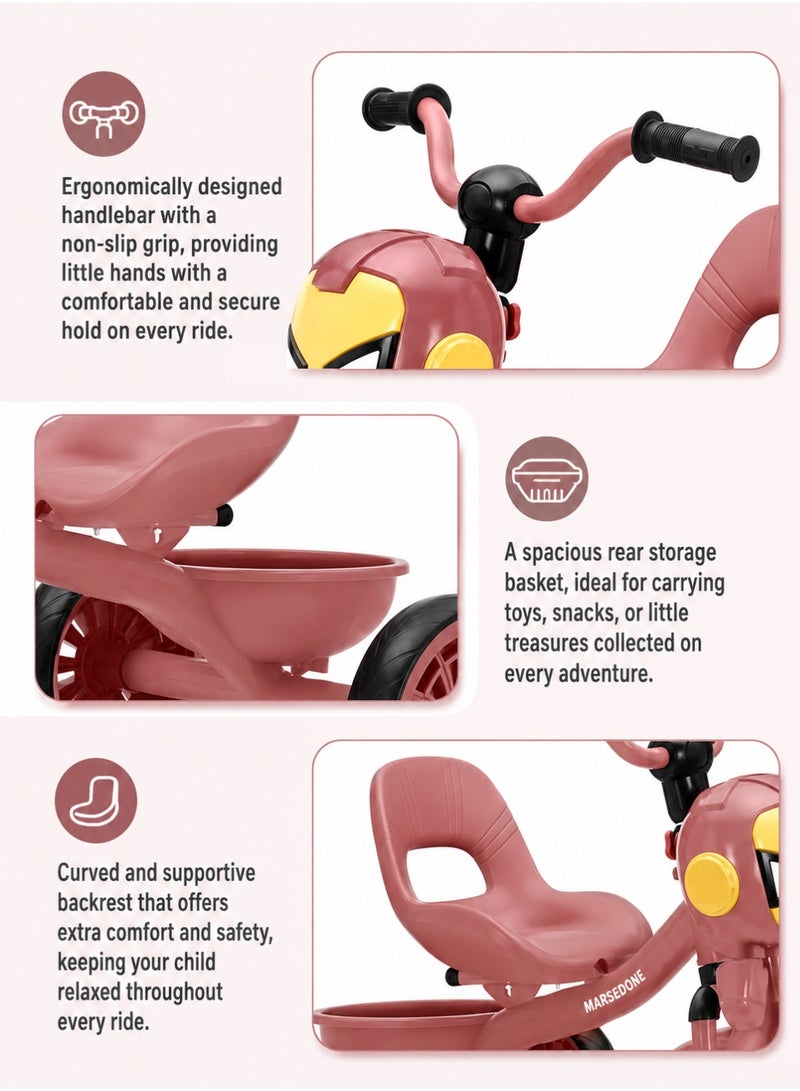 MarkedOne Marked One Kids Tricycle - Toddler Tricycle with Footrest for 3+ Years Old  -  Tricycle for Kids - Smart Plug and Play Kids Tricycle with Music, Light, High backrest & Rear Storage Baskets - Kids Trikes (Pink) - Image 3