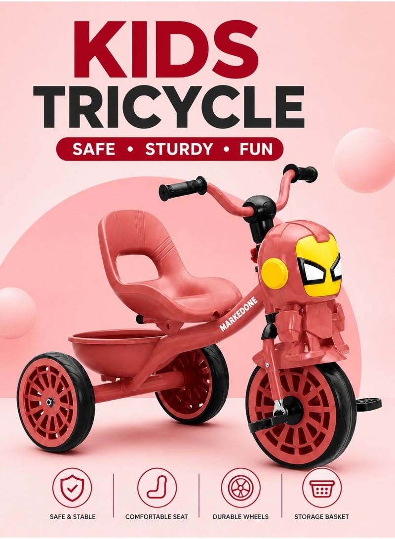 MarkedOne Marked One Kids Tricycle - Toddler Tricycle with Footrest for 3+ Years Old  -  Tricycle for Kids - Smart Plug and Play Kids Tricycle with Music, Light, High backrest & Rear Storage Baskets - Kids Trikes (Pink) - Image 1