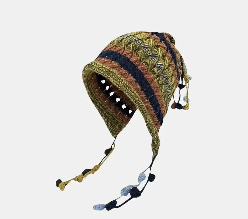 Japanese-Style Niche Handmade Knitted Hat Korean Colorful Tassel Pom-Pom Hanging Rope Wool Hat Internet Celebrity Ear-Protecting Warm Hat - Image 1