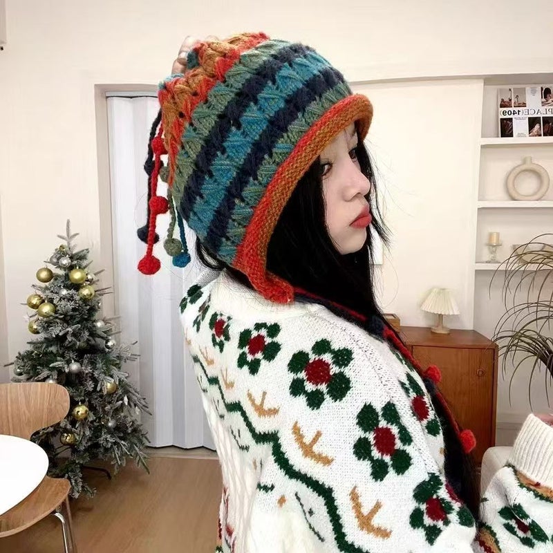 Japanese-Style Niche Handmade Knitted Hat Korean Colorful Tassel Pom-Pom Hanging Rope Wool Hat Internet Celebrity Ear-Protecting Warm Hat - Image 4