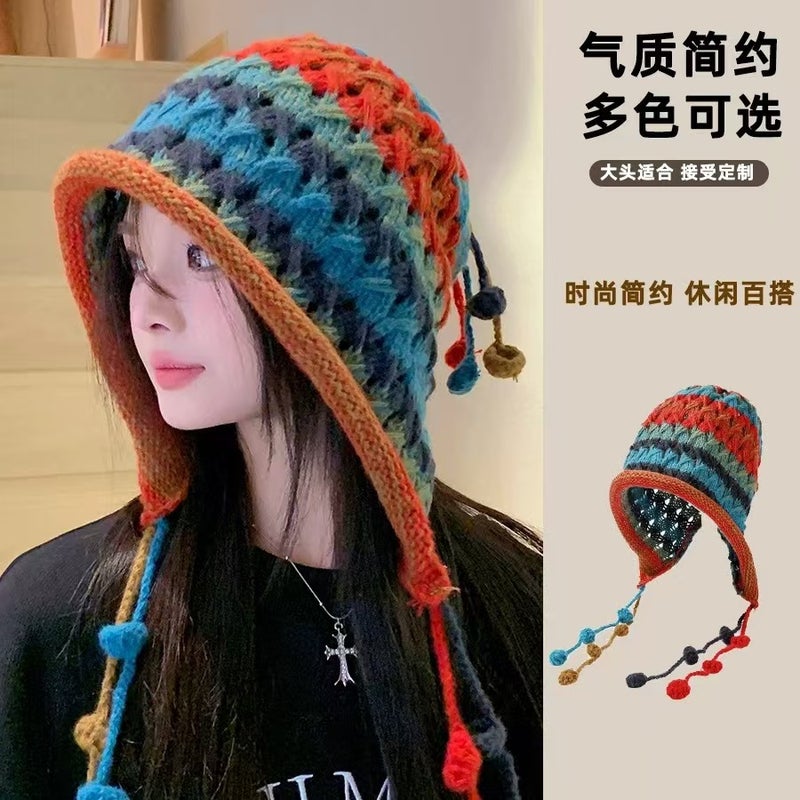 Japanese-Style Niche Handmade Knitted Hat Korean Colorful Tassel Pom-Pom Hanging Rope Wool Hat Internet Celebrity Ear-Protecting Warm Hat - Image 2