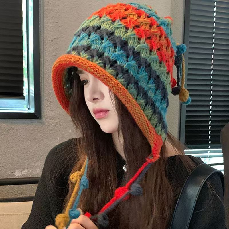 Japanese-Style Niche Handmade Knitted Hat Korean Colorful Tassel Pom-Pom Hanging Rope Wool Hat Internet Celebrity Ear-Protecting Warm Hat - Image 3