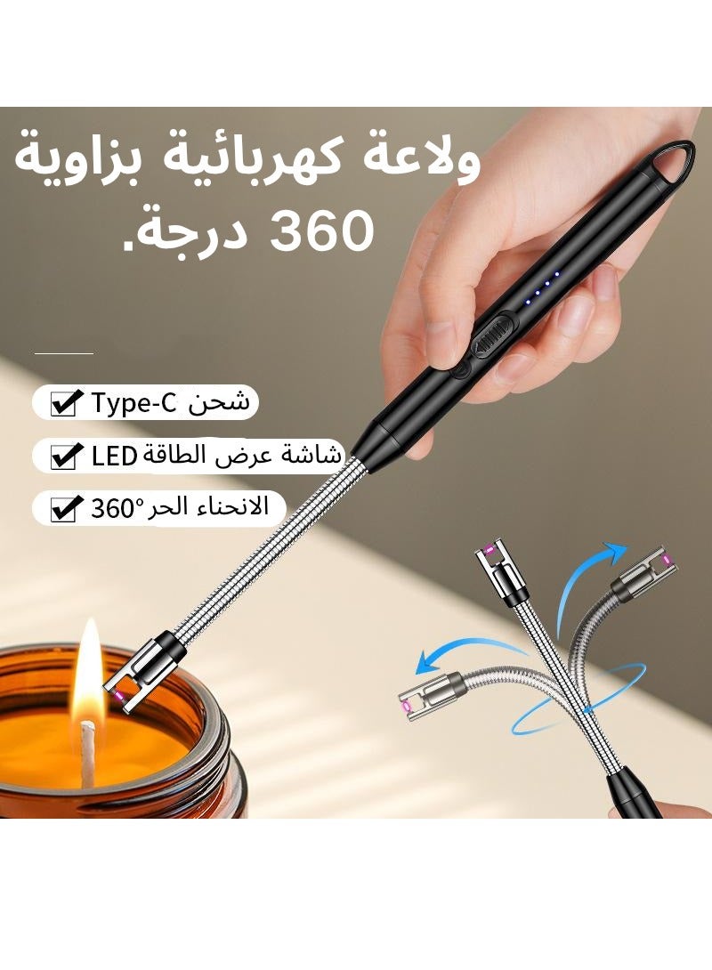 Electric Lighter with 360° Flexible Neck, Flameless Windproof Long Candle Lighter with Led Battery Display, USB C Rechargeable with Hanging Hook for Gifts BBQ Fireworks (Black)  - Image 1