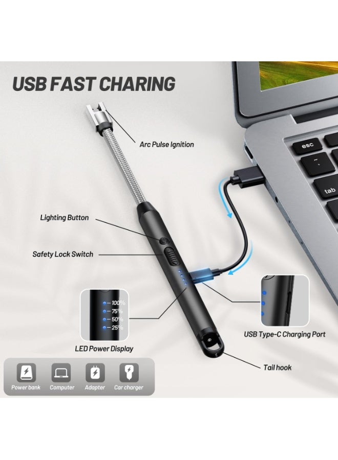 Electric Lighter with 360° Flexible Neck, Flameless Windproof Long Candle Lighter with Led Battery Display, USB C Rechargeable with Hanging Hook for Gifts BBQ Fireworks (Black)  - Image 3