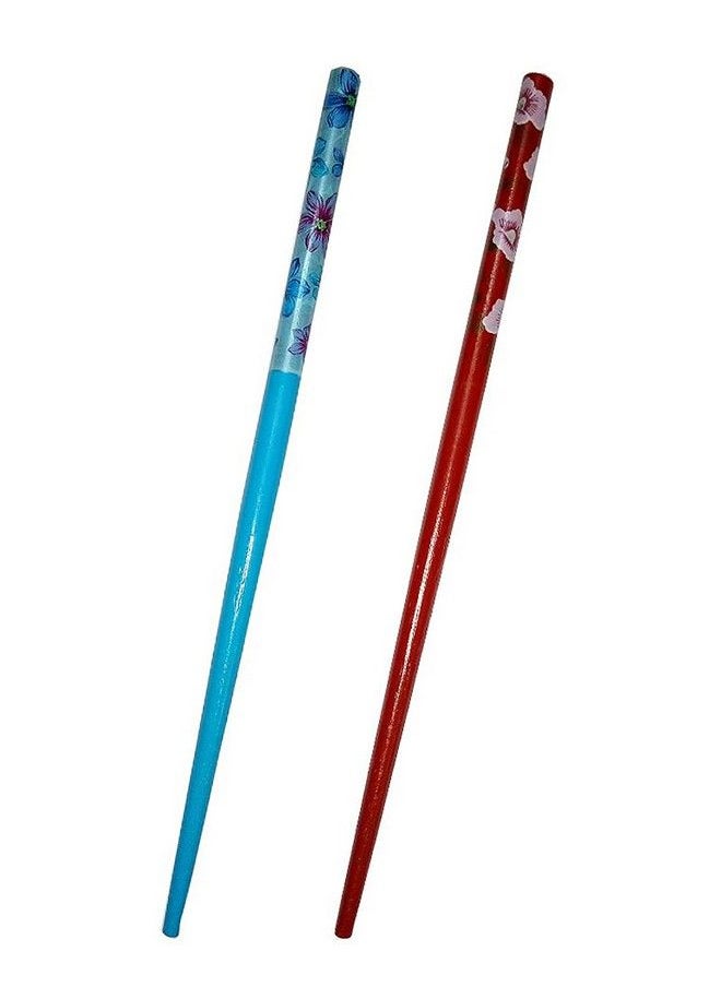 Salvus App SOLUTIONS Wooden Handmade Beautiful Blue & Red Hair Pin/Bun Stick Set For Women & Girls Set Of 2  - Image 1