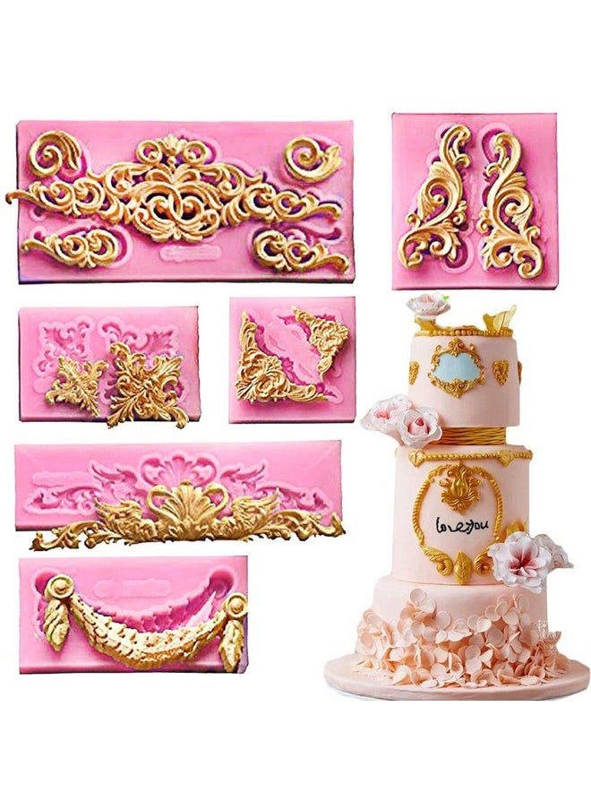 PalkSky (Set Of 6) Baroque Fondant Molds For Cake Decorating Curlicues Scroll Lace Border Candy Silicone Mold For Sugarcraft Cupcake Topper  - Image 1
