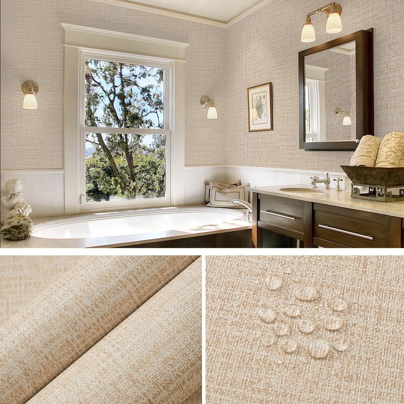 Guvana Grasscloth Peel and Stick Wallpaper Beige Textured Contact Paper Modern Removable Self Adhesive Wall Paper Thicken Fabric Faux Linen Wallpaper for Bathroom Living Room Cabinets 78.7inx15.7in - Image 4