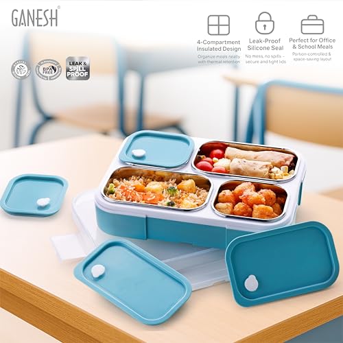 Ganesh Aspire 4 Compartment Stainless Steel Lunch Box Sealed Leakage Proof Lunch Box for Office School etc 500ml-Peach - Image 5