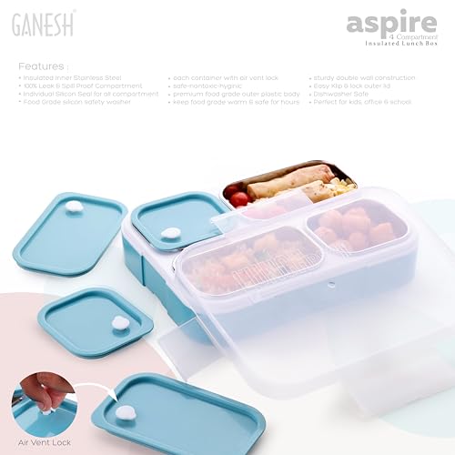 Ganesh Aspire 4 Compartment Stainless Steel Lunch Box Sealed Leakage Proof Lunch Box for Office School etc 500ml-Peach - Image 4