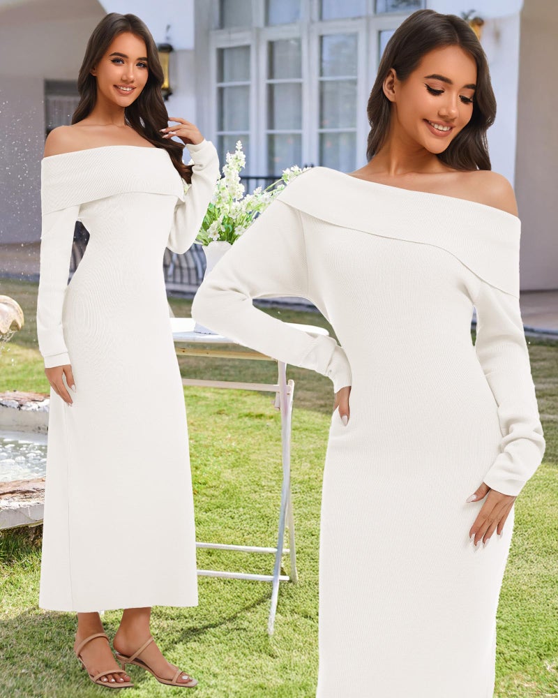 Simlakey Women's Off Shoulder Bodycon Sweater Dress Long Sleeve Fall Maxi Dress Elegant Cocktail Party Long Dresses(White,Large) - Image 4