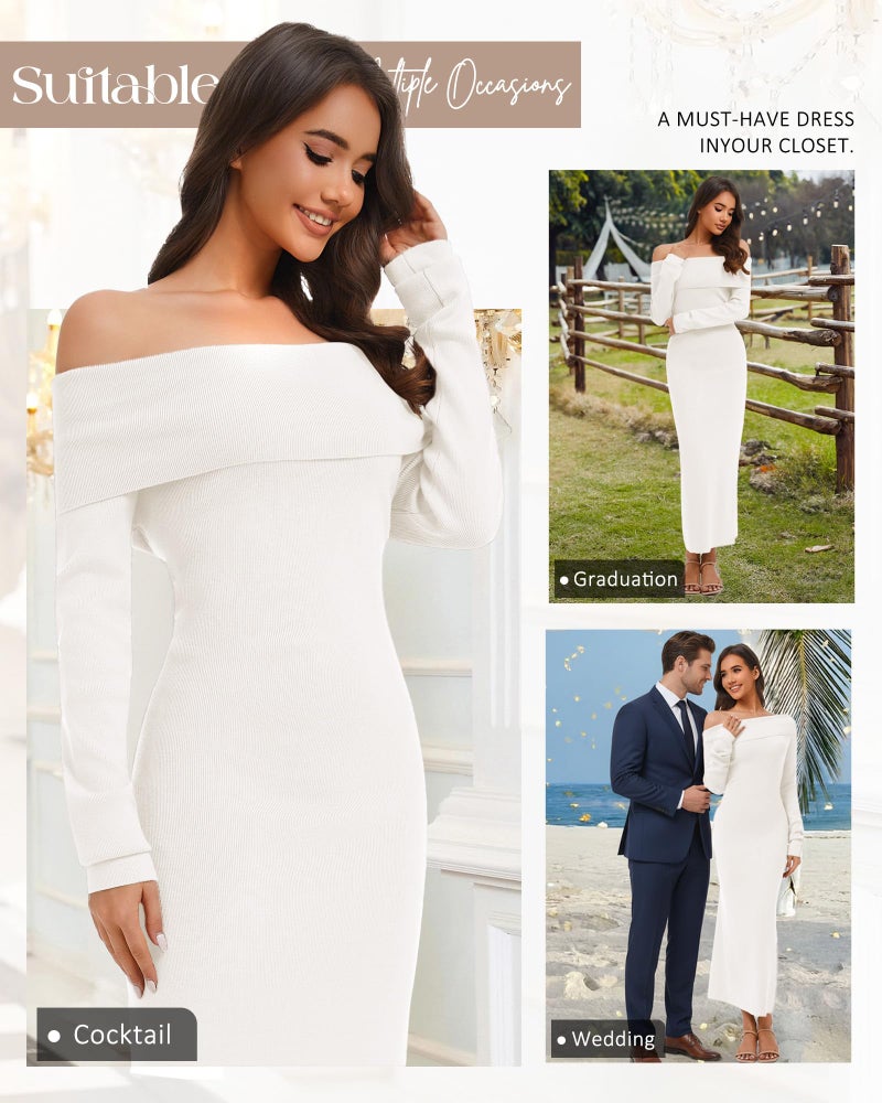 Simlakey Women's Off Shoulder Bodycon Sweater Dress Long Sleeve Fall Maxi Dress Elegant Cocktail Party Long Dresses(White,Large) - Image 5