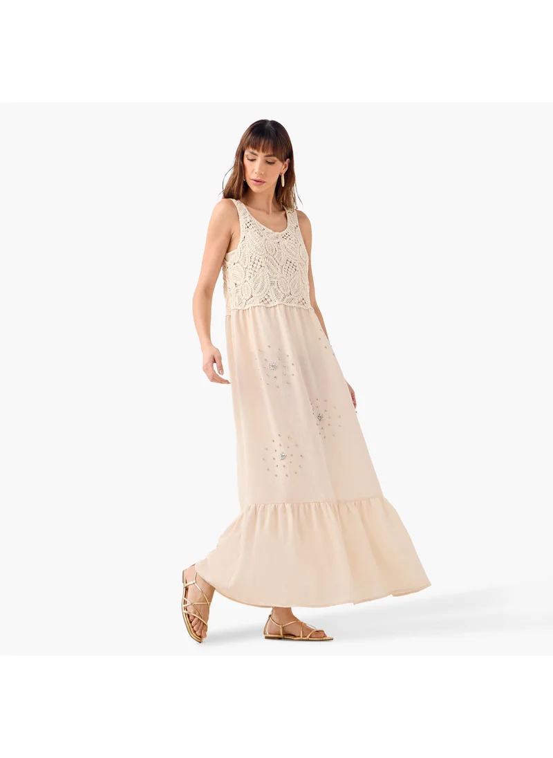 ايكونيك Iconic Crystal Embellished Sleeveless Dress with Crochet Detail