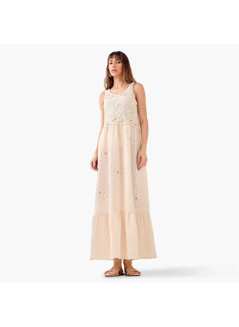 ايكونيك Iconic Crystal Embellished Sleeveless Dress with Crochet Detail