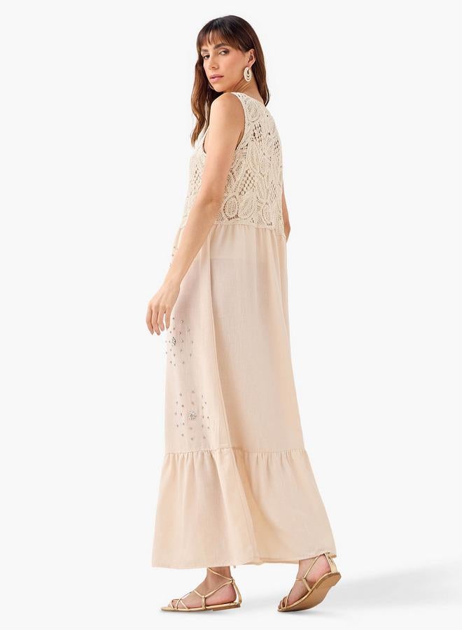 Iconic Crystal Embellished Sleeveless Dress with Crochet Detail - Image 3