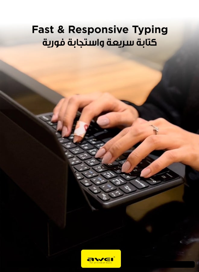 أوي Foldable Bluetooth Keyboard with Leather Protective Case - 64 Keys Portable Wireless Keyboard for Android, Windows and iOS, Long Battery Life, Compatible with Phones, Tablets and Laptops black - Image 3