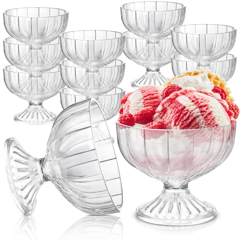 Meanplan 12 Pcs Acrylic Ice Cream Bowls 10 oz Clear Dessert Bowls with Footed Ice Cream Cups Cute Plastic Trifle Tableware for Serving Sundae Salad Fruit Snack Holiday Party