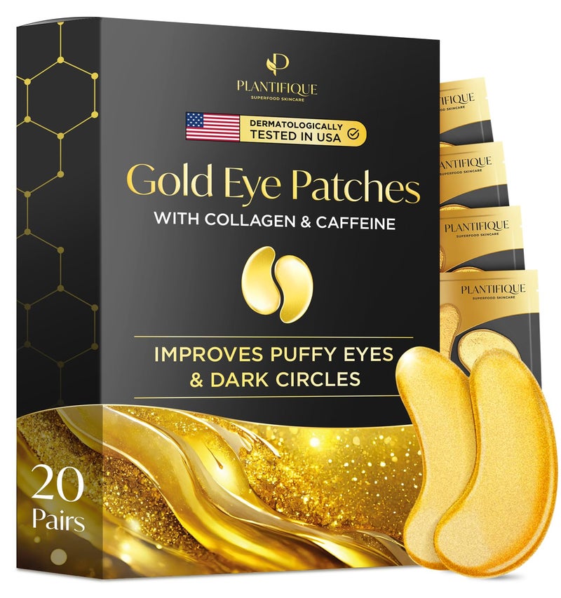 PLANTIFIQUE Gold Eye Patches for Puffy Eyes | 20 Pairs | Gifts | Under Eye Masks for Dark Circles | Puffiness Eye Gels | Eye Mask Skincare - Image 1