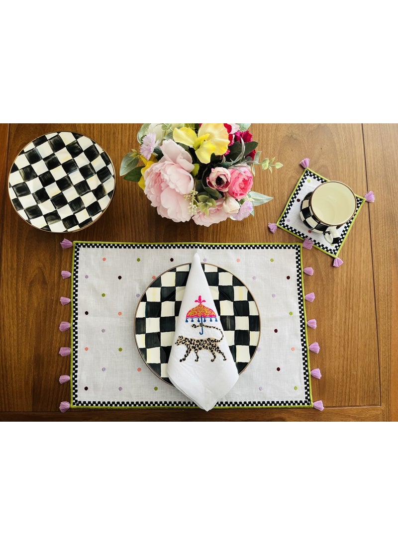 Ge Living Colorful Polka Dot Purple Tasseled Checkered Pattern Decorative Placemat (2 Pieces)  - Image 1