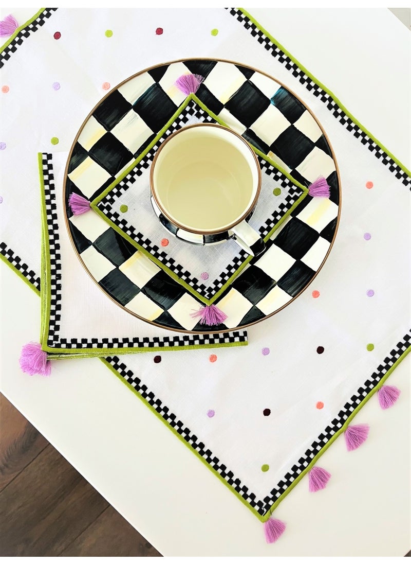 Ge Living Colorful Polka Dot Purple Tasseled Checkered Pattern Decorative Placemat (2 Pieces)  - Image 4