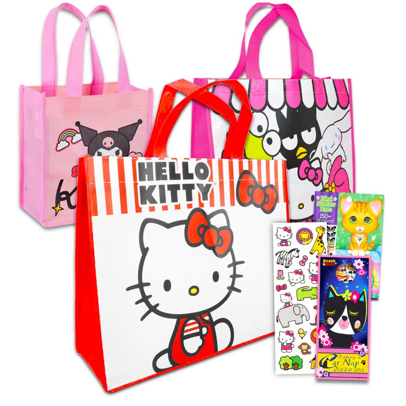 هالو كيتي Hello Kitty Tote Bag For Girls - حزمة الملحقات مع 3 أكياس بقالة قابلة لإعادة الاستخدام مع ملصقات المزيد | مجموعة حقيبة حمل Hello Kitty - Image 1