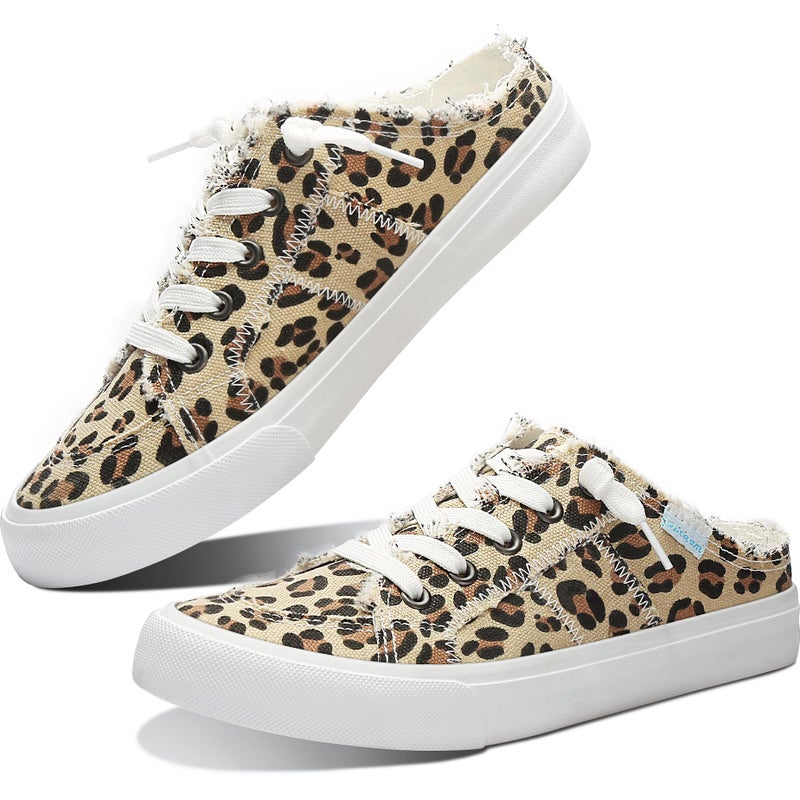 Obtaom Women Canvas Mules Memory Foam Clipper Fashion Sneakers Comfortable Slip-On Mule Backless Shoeï¼ˆLeopard Print US5ï¼‰ - Image 1