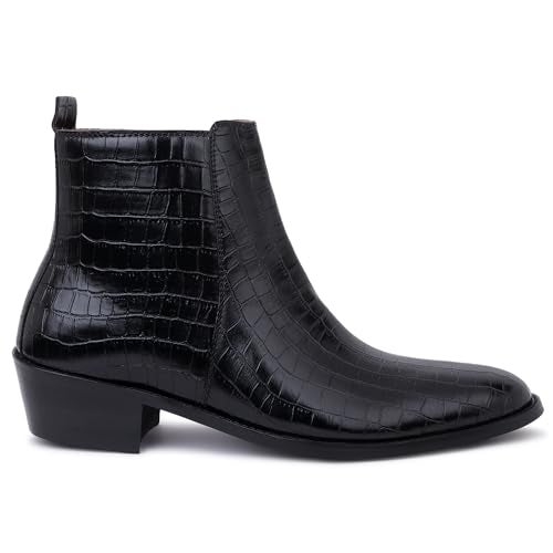 LOZANO Black Croco Print Embossed Leather Chelsea Boots for Men with Zip Fastening | High Ankle Handcrafted Chelsea Boots |Size-6| - Image 2