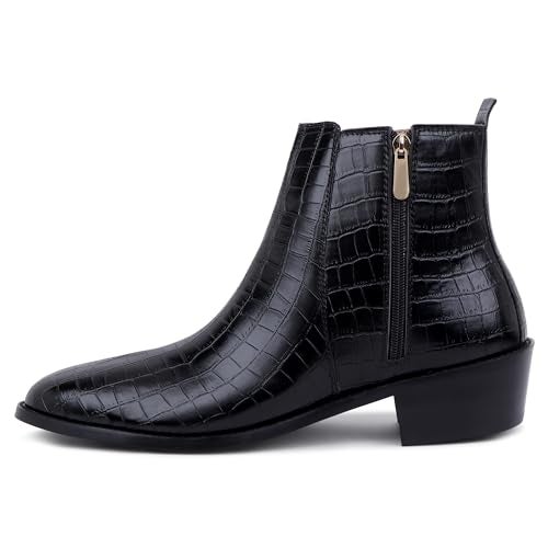 LOZANO Black Croco Print Embossed Leather Chelsea Boots for Men with Zip Fastening | High Ankle Handcrafted Chelsea Boots |Size-6| - Image 3