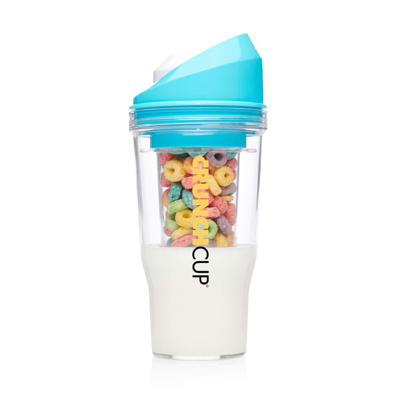 CrunchCup كوب كرانش كاب XL أزرق - كوب حبوب بلاستيكي محمول للإفطار أثناء التنقل، حاوية حبوب وحليب، لا حاجة لملعقة أو وعاء - Image 1