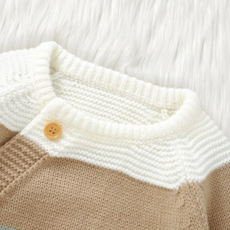 Licupiee Newborn Girl Boy Striped Sweater Romper Fall Long Sleeve Full Length Playsuit Winter Warm Button Up Knitted Jumpsuit (White, 0-3 Months) - Image 3