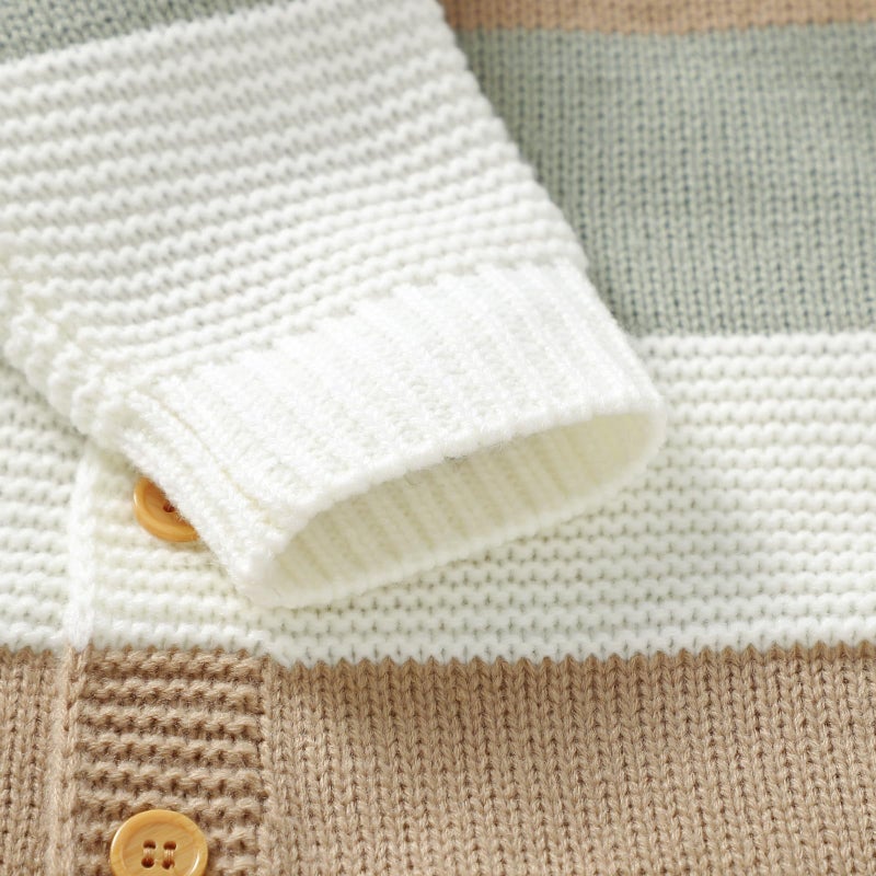 Licupiee Newborn Girl Boy Striped Sweater Romper Fall Long Sleeve Full Length Playsuit Winter Warm Button Up Knitted Jumpsuit (White, 0-3 Months) - Image 4