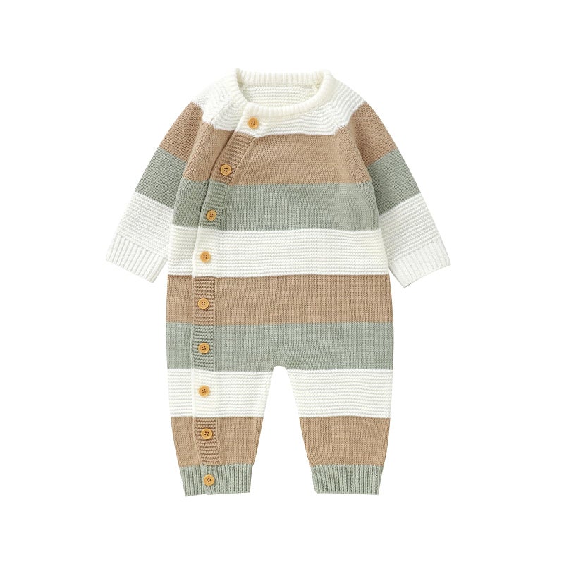 Licupiee Newborn Girl Boy Striped Sweater Romper Fall Long Sleeve Full Length Playsuit Winter Warm Button Up Knitted Jumpsuit (White, 0-3 Months) - Image 1