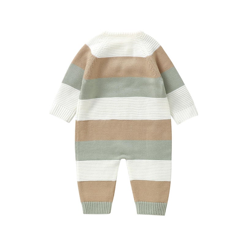 Licupiee Newborn Girl Boy Striped Sweater Romper Fall Long Sleeve Full Length Playsuit Winter Warm Button Up Knitted Jumpsuit (White, 0-3 Months) - Image 2