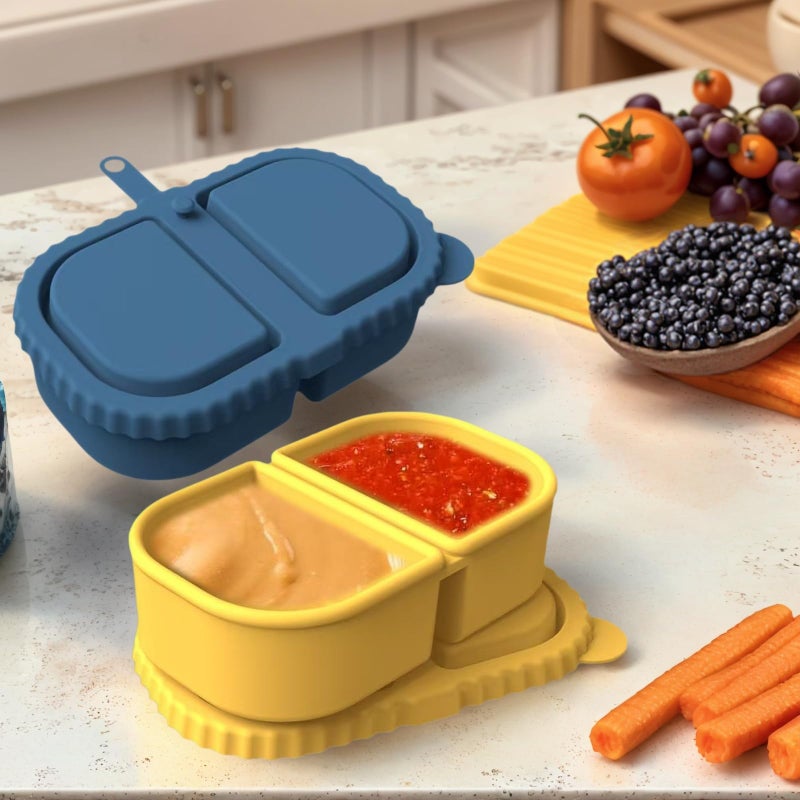 Xstronq 2Pcs Reusable Silicone Snack Containers with Lids -2 Compartment Snack Containers Box, for Travel, Office, Gym & Meal Prep (Dark Blue + Yellow) - Image 5