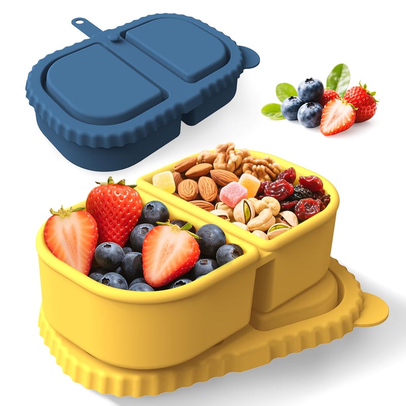 Xstronq 2Pcs Reusable Silicone Snack Containers with Lids -2 Compartment Snack Containers Box, for Travel, Office, Gym & Meal Prep (Dark Blue + Yellow) - Image 1