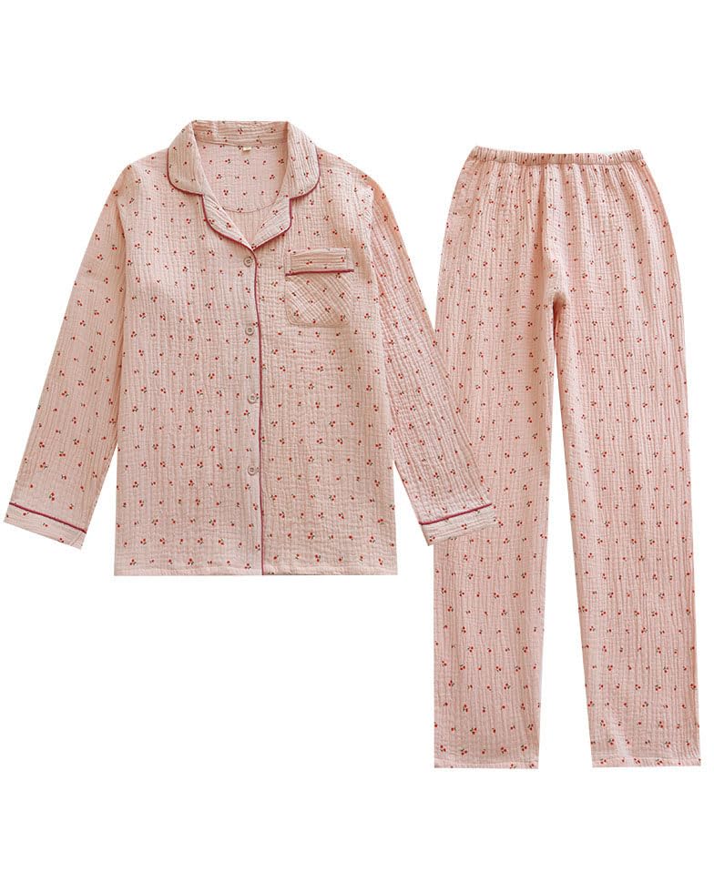 codcm Womens Cotton Gauze Pajama Set Long Sleeve Button Up Shirt and Pants 2 Piece Cute Printed Pj Set - Image 1