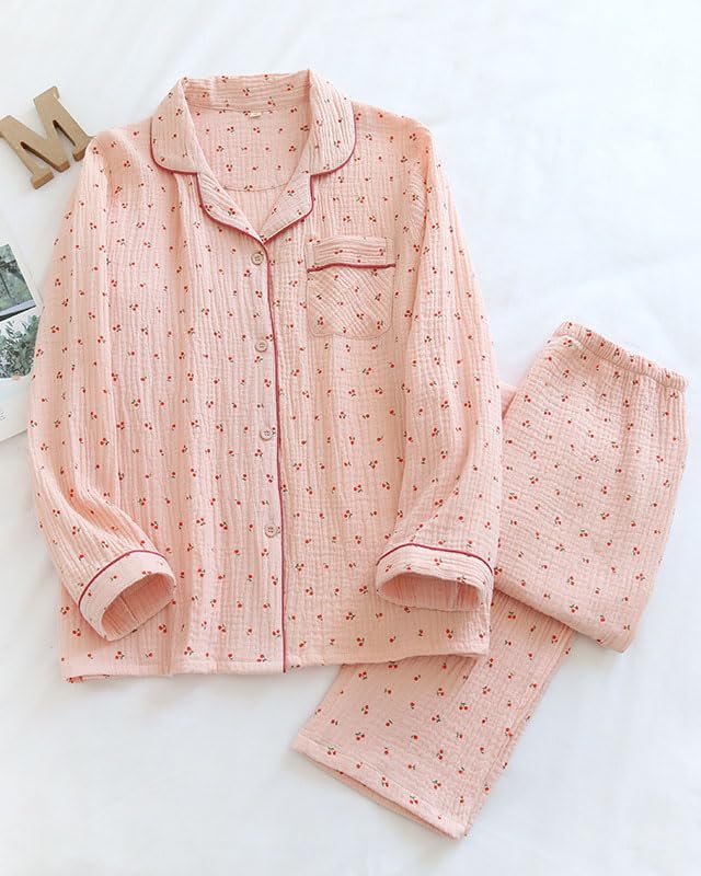 codcm Womens Cotton Gauze Pajama Set Long Sleeve Button Up Shirt and Pants 2 Piece Cute Printed Pj Set - Image 2