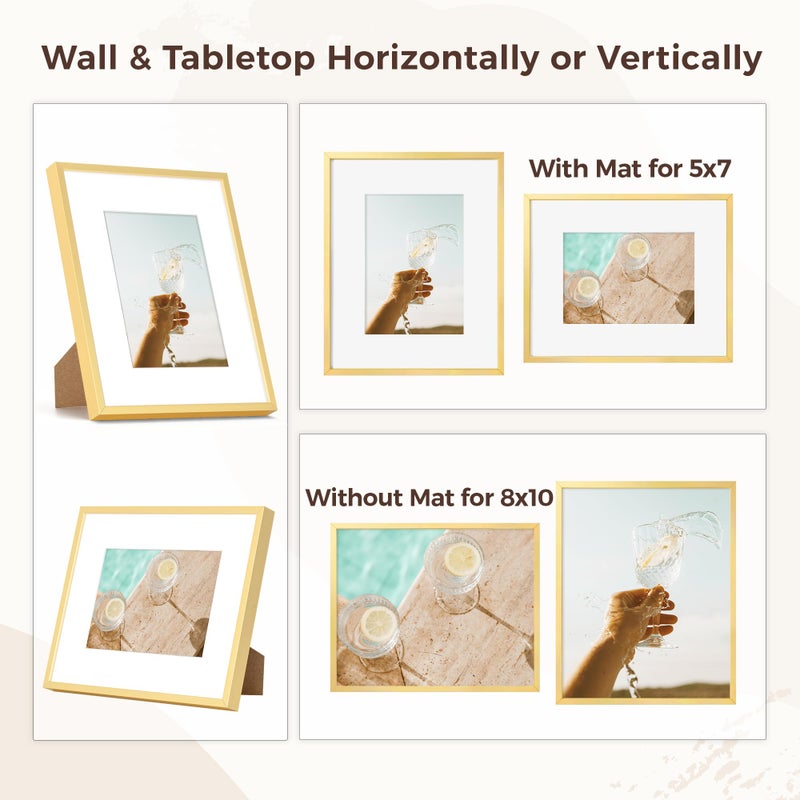 RICHFOCUS 8x10 Picture Frame with Mat for 5x7 |8 x 10 Modern Photo Frame Gold|8 by 10 Metal Aluminum Frames with Stand for Tabletop or Wall Hanging|Hardwares Included  Set of 1 - Image 2