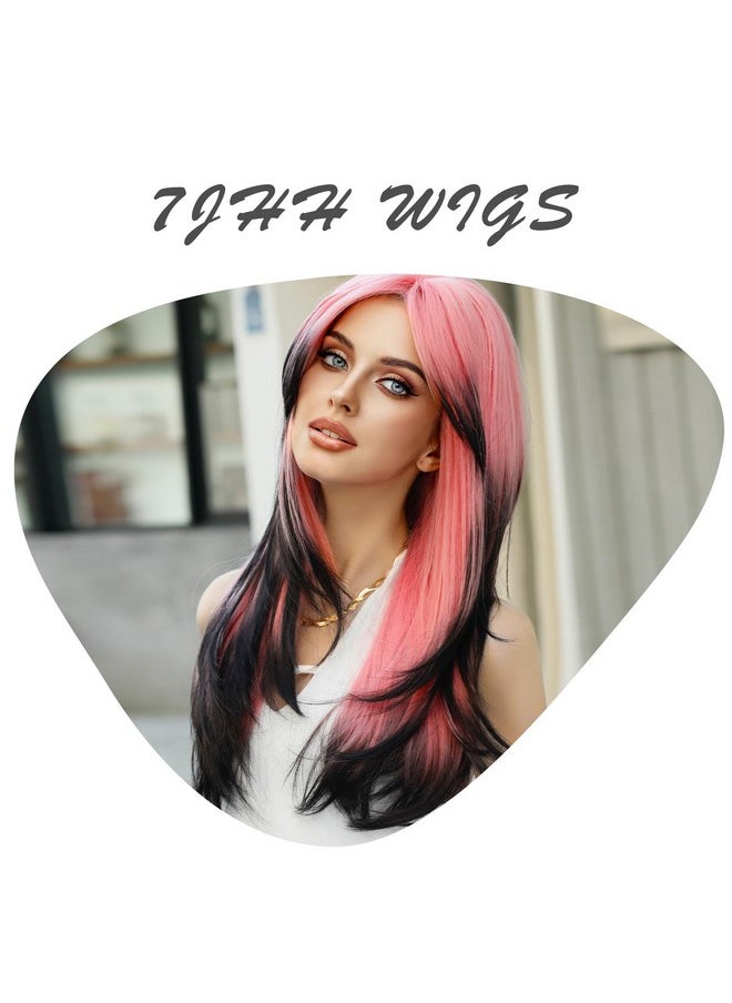 7JHH WIGS - Long Wavy Wig Pink And Black Layered Wig With Curtain Bangs, Synthetic High Density Heat Resistant Hair Straight Wig Ends Dyed Black For Daily Party 25 Inches - Image 1