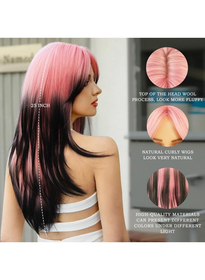 7JHH WIGS - Long Wavy Wig Pink And Black Layered Wig With Curtain Bangs, Synthetic High Density Heat Resistant Hair Straight Wig Ends Dyed Black For Daily Party 25 Inches - Image 1