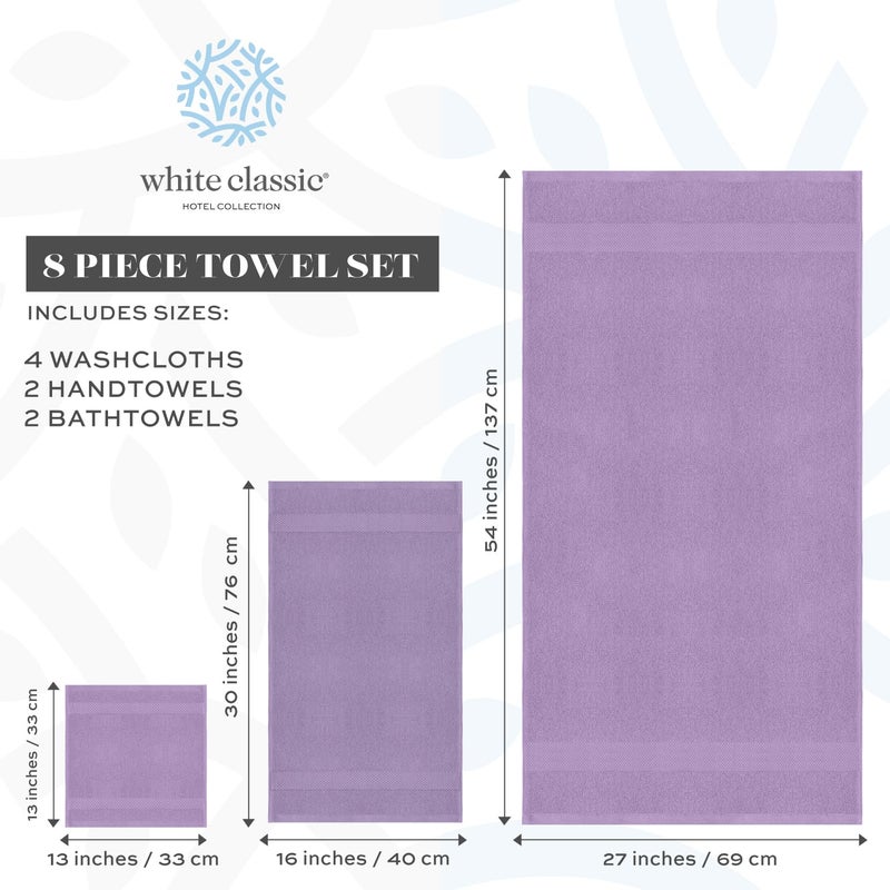 وايت كلاسيك White Classic Lavender Bath Bath Pafel Set - تمشيط جودة فندق Cotton Hotel جودة مناشف 8 قطع | 2 مناشف حمام | 2 مناشف اليد | 4 منجم [بقيمة 72.95 دولار] 8 حزمة | لافندر - Image 4