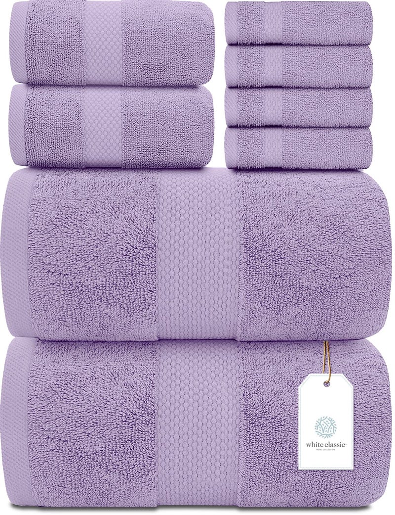 وايت كلاسيك White Classic Lavender Bath Bath Pafel Set - تمشيط جودة فندق Cotton Hotel جودة مناشف 8 قطع | 2 مناشف حمام | 2 مناشف اليد | 4 منجم [بقيمة 72.95 دولار] 8 حزمة | لافندر - Image 1